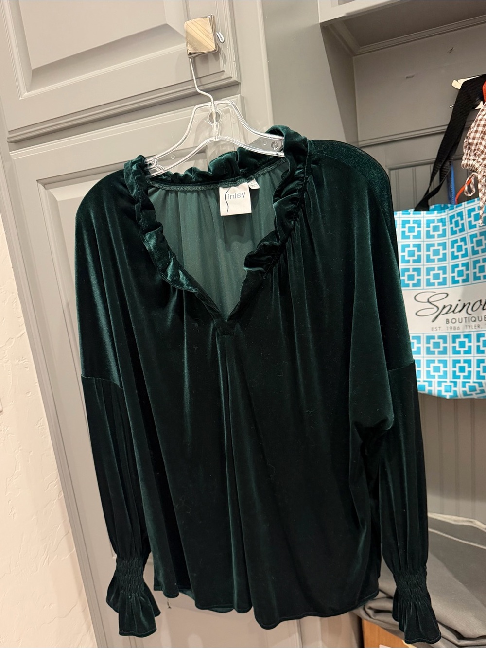 Finley Dark Green Velvet Ruffle V-Neck Blouse